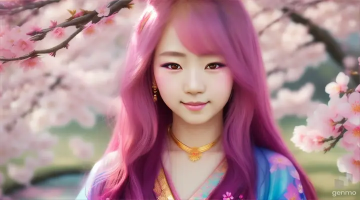 The image depicts a character with their face blurred, surrounded by a serene and mystical environment. The character has long, flowing pink hair adorned big blue eye smile Japanese girl wearing colorful kimonos adorned with floral patterns a little with flowers and wears intricate golden jewelry. horizontal image