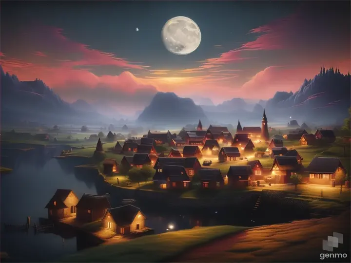 Paint a picture of the peaceful village under the moonlit sky, hinting at the looming danger of the chudail.