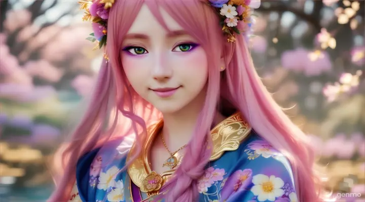 The image depicts a character with their face blurred, surrounded by a serene and mystical environment. The character has long, flowing pink hair adorned big blue eye smile Japanese girl wearing colorful kimonos adorned with floral patterns a little with flowers and wears intricate golden jewelry. horizontal image