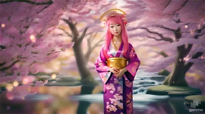 The image depicts a character with their face blurred, surrounded by a serene and mystical environment. The character has long, flowing pink hair adorned big blue eye smile Japanese girl wearing colorful kimonos adorned with floral patterns a little with flowers and wears intricate golden jewelry. horizontal image