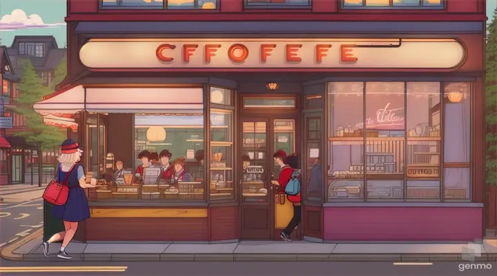 A cozy Canadian coffee shop inspired by Kiki's Delivery Service, with Barista moonlighting as delivery person, a view of Vancouver outside, people relaxing with drinks and food, size 1280x720