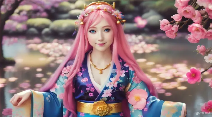 The image depicts a character with their face blurred, surrounded by a serene and mystical environment. The character has long, flowing pink hair adorned big blue eye smile Japanese girl wearing colorful kimonos adorned with floral patterns a little with flowers and wears intricate golden jewelry. horizontal image