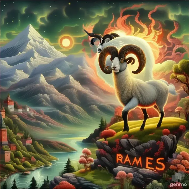 a painting of a ram standing on top of a hill