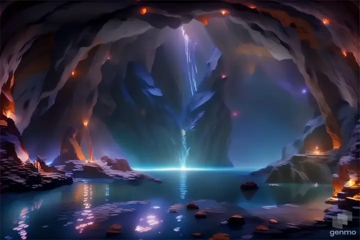 a large cave with a bright light coming out of it