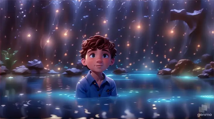 a boy in a blue shirt is in a pool of water