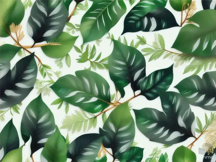 Seamless Nature Pattern with Green Leaves on White Background แนวนอน