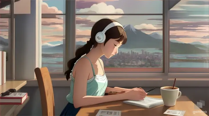 a girl wearing headphones, at the corner of the coffee shop, listening to techno music, focusing on the Vancouver of Canda view, size 1280x720, in Studio Ghibli style