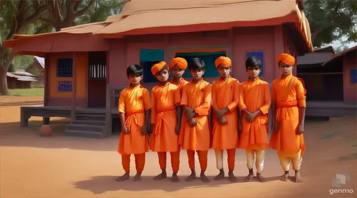 Many young hindu boys 16:9 hindu vision, standing infront of a gurukul hut, wearing orange dresses