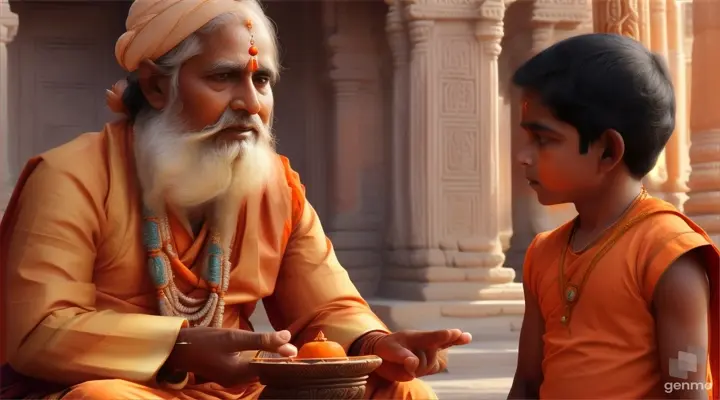 A old hindu guru talking to his young hindu boy wearing orange dress 16:9 hindu vision