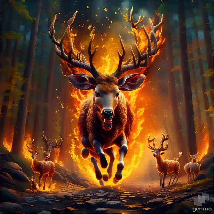 a painting of a deer running through a fire filled forest, Pls make the deer running 