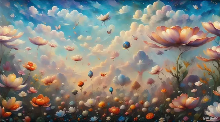 a painting of flowers and butterflies in the sky