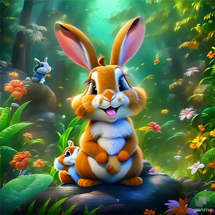 a cartoon rabbit sitting on a rock in a forest,  make rabbit moving , rabbit is not moving, pls make rabbit moving 