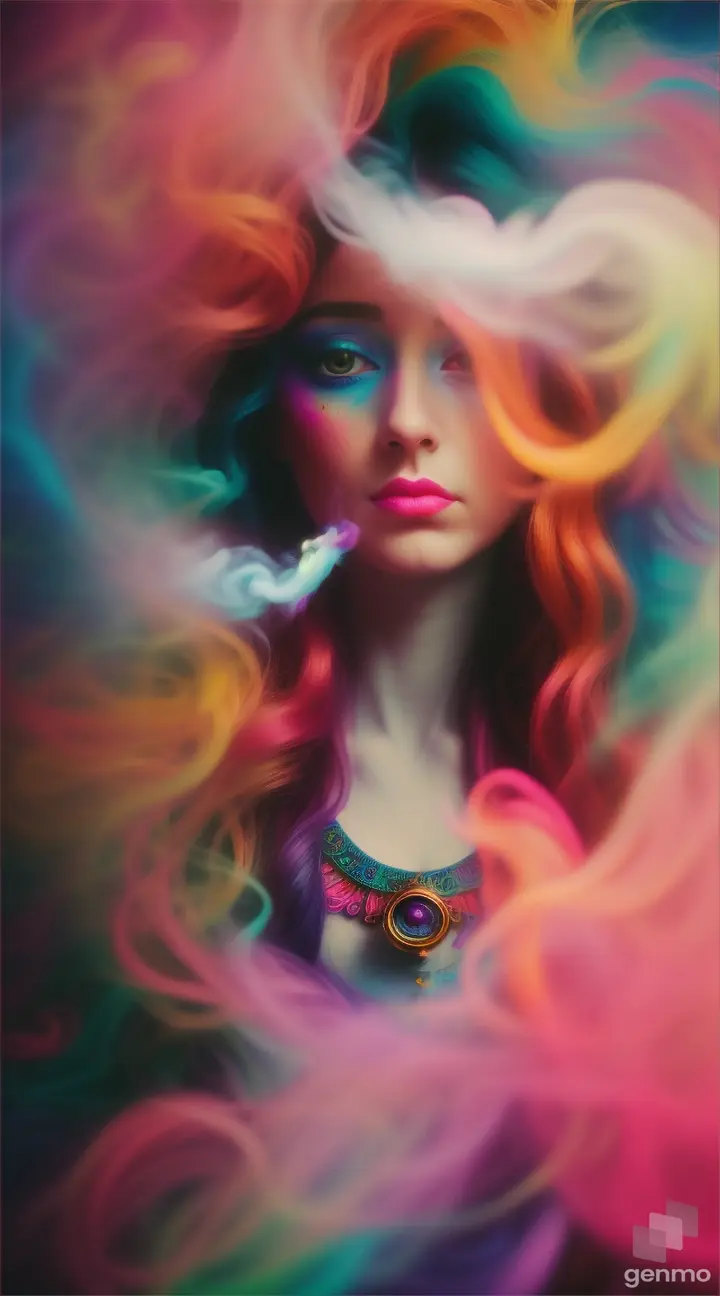 a young beautiful woman face emerges from the colorful smoke among splashing colorful paints, psychedelic atmosphere, high resolution, high details, realistic image, camera in motion, dynamic scene  