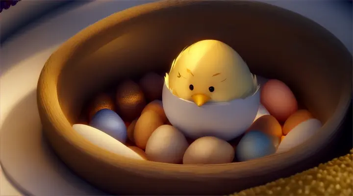 3D animation, personality: A cute little chick inside a cracked egg, peacefully sleeping and snoring. The setting is cozy nest with soft bedding and warm lighting. The chick's expression is peaceful and content as it snoozes away, unaware of the world outside.