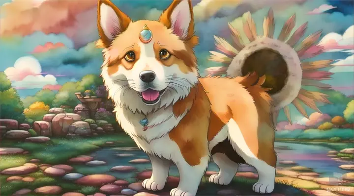 showcases a lovable dog character in the style of Studio Ghibli. Incorporate elements such as expressive eyes, playful poses, and nature-inspired backdrops to capture the essence of Ghibli's endearing characters.
