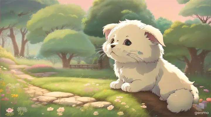 showcases a lovable puppy character in the style of Studio Ghibli. Incorporate elements such as expressive eyes, playful poses, and nature-inspired backdrops to capture the essence of Ghibli's endearing characters.