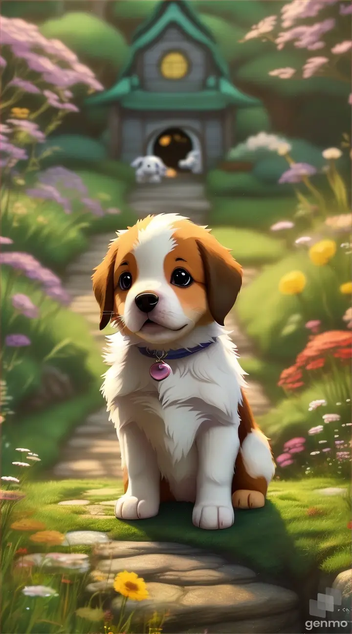 showcases a lovable puppy character in the style of Studio Ghibli. Incorporate elements such as expressive eyes, playful poses, and nature-inspired backdrops to capture the essence of Ghibli's endearing characters. 9:16