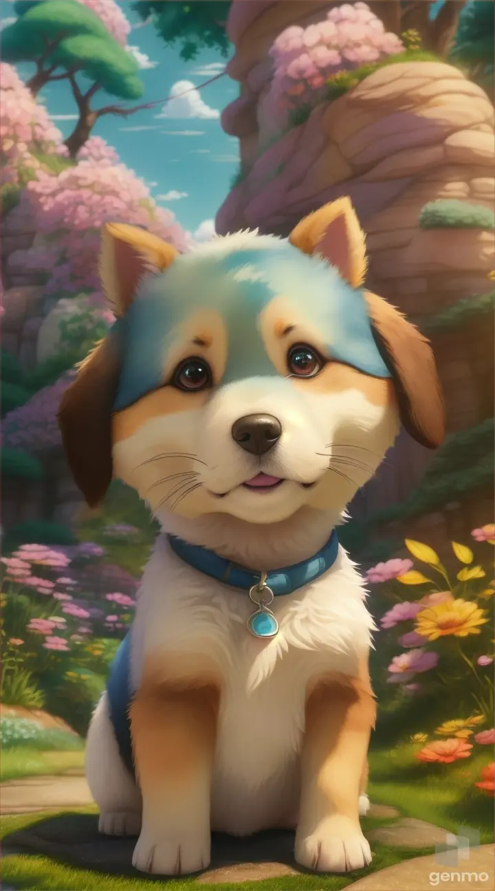 showcases a lovable puppy character in the style of Studio Ghibli. Incorporate elements such as expressive eyes, playful poses, and nature-inspired backdrops to capture the essence of Ghibli's endearing characters. 9:16