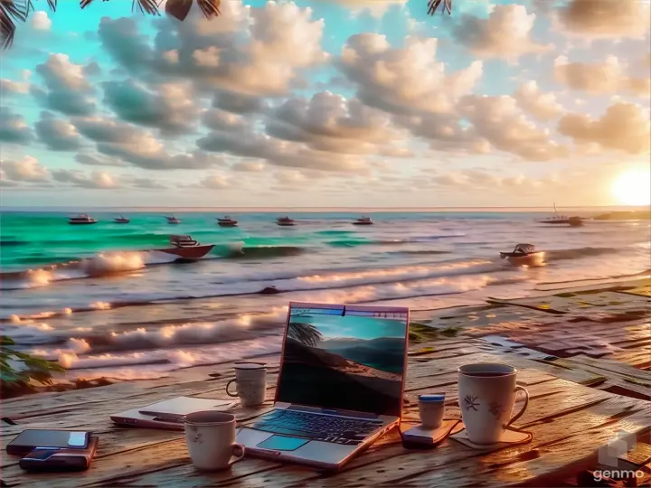 a laptop computer sitting on top of a wooden table