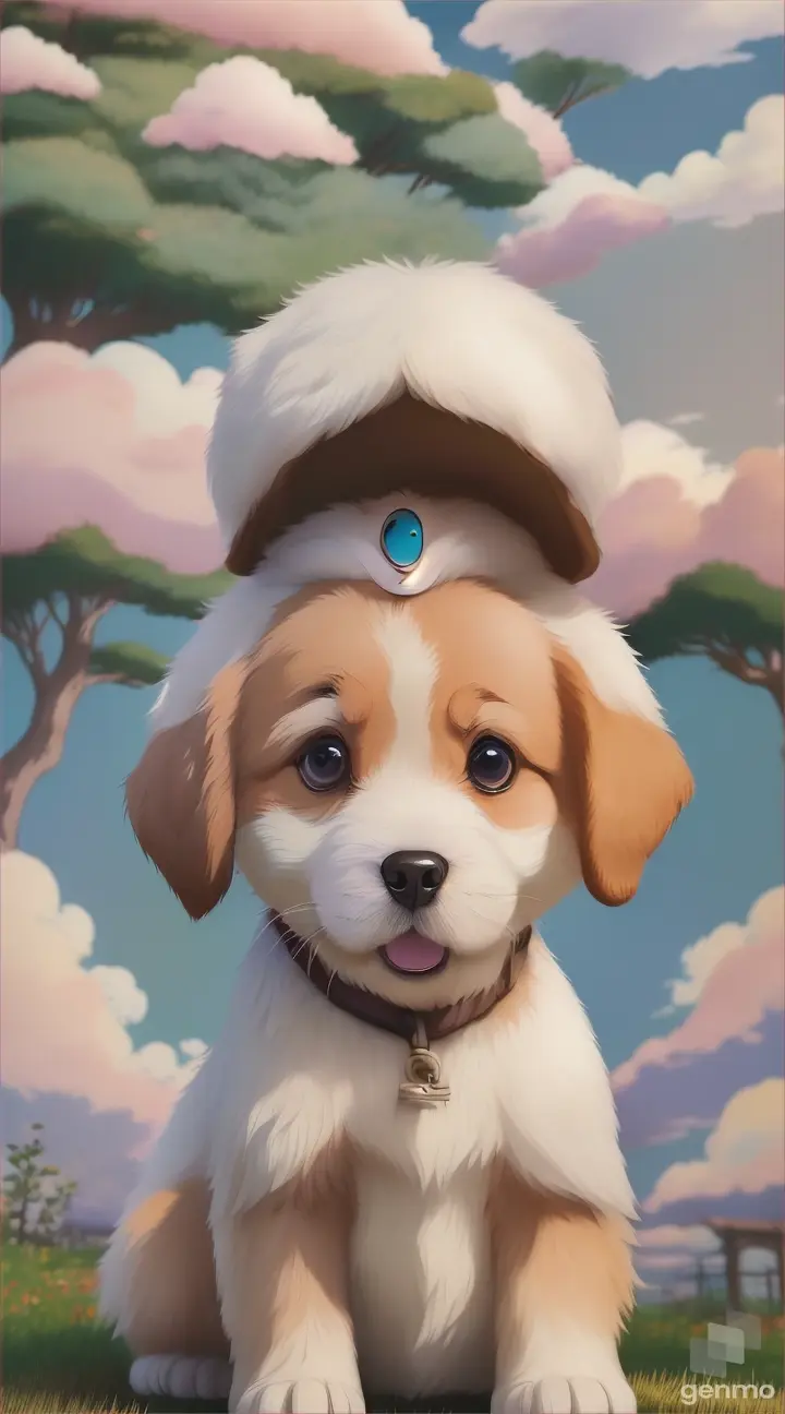 showcases a lovable puppy character in the style of Studio Ghibli. Incorporate elements such as expressive eyes, playful poses, and nature-inspired backdrops to capture the essence of Ghibli's endearing characters. 9:16