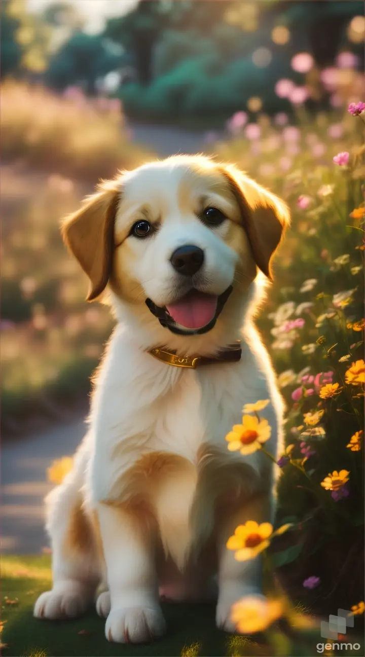 showcases a lovable puppy character in the style of Studio Ghibli. Incorporate elements such as expressive eyes, playful poses, and nature-inspired backdrops to capture the essence of Ghibli's endearing characters. 9:16