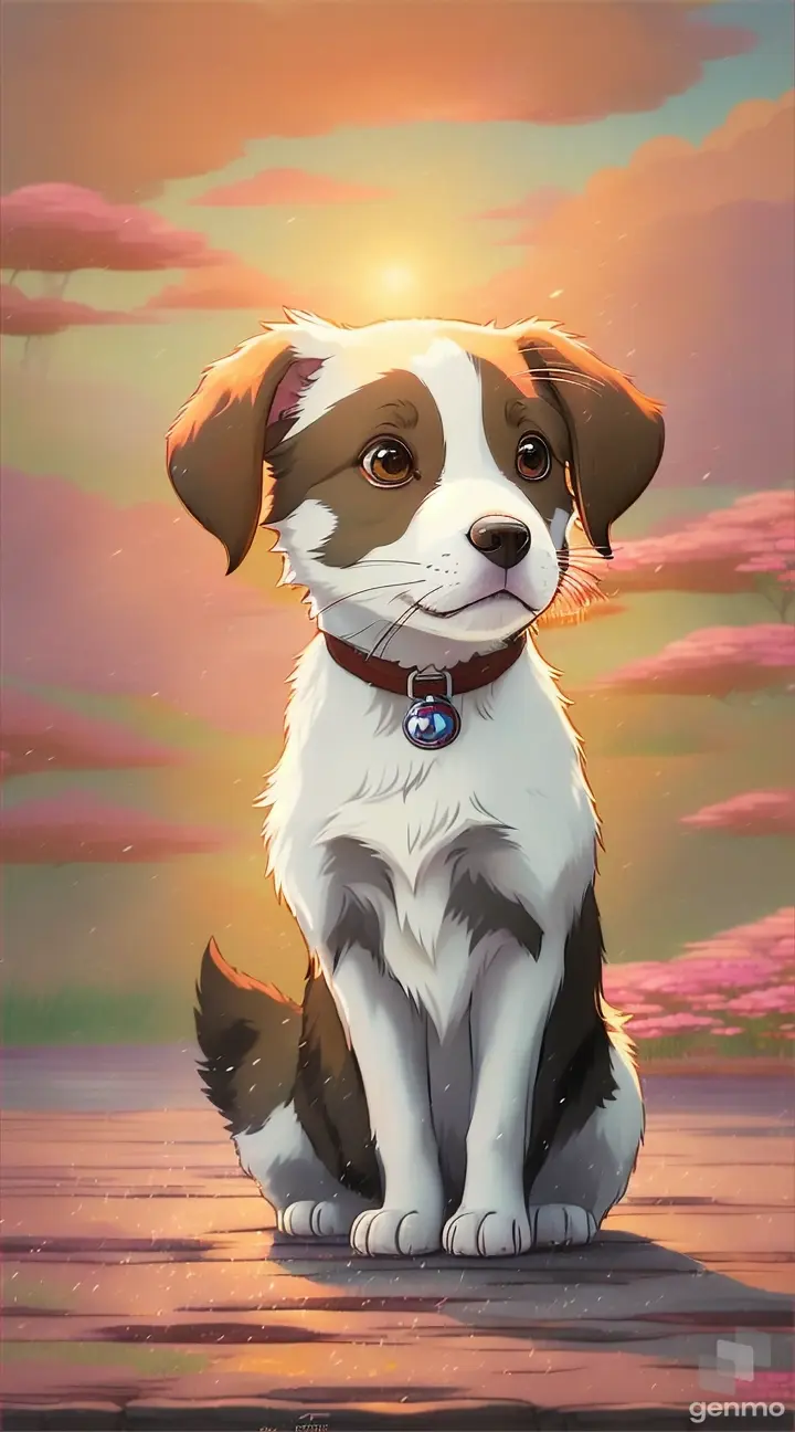 showcases a lovable puppy character in the style of Studio Ghibli. Incorporate elements such as expressive eyes, playful poses, and nature-inspired backdrops to capture the essence of Ghibli's endearing characters. 9:16