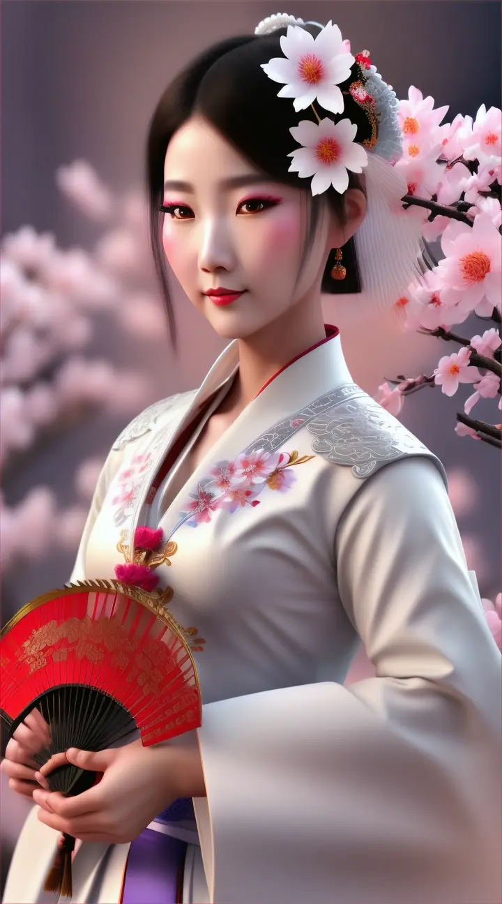 Beautiful Chinese warrior in traditional white Chinese dress holding fan, sakura flowers in the background, closed up, fantasy 3D style 