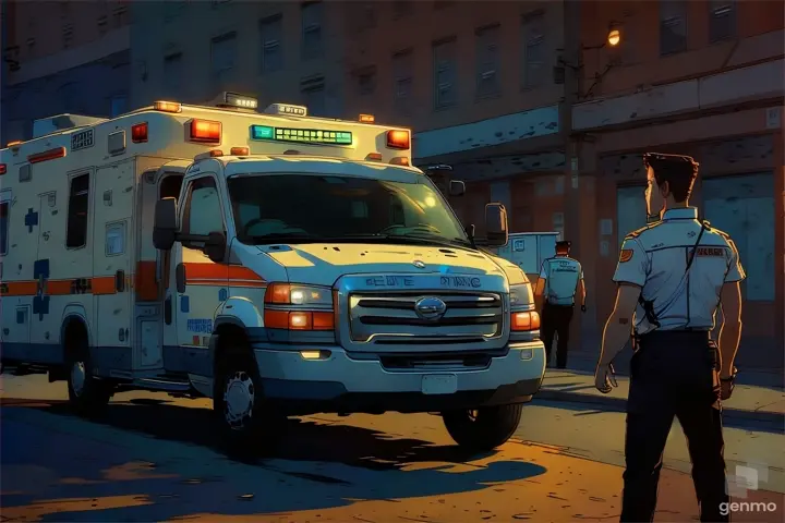 a man standing next to an ambulance on a street