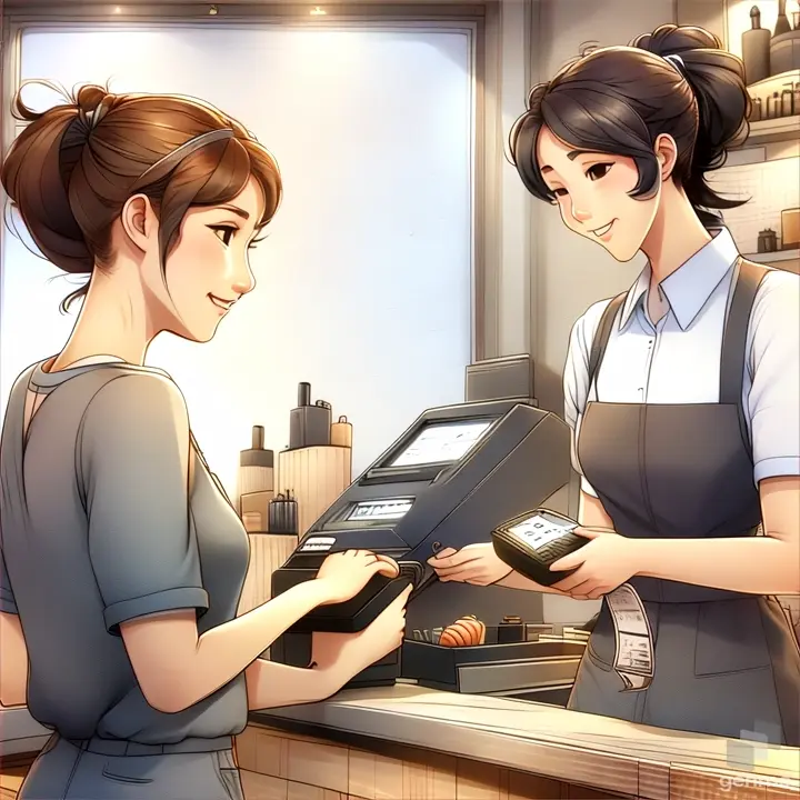 a cartoon of a woman paying a cash register