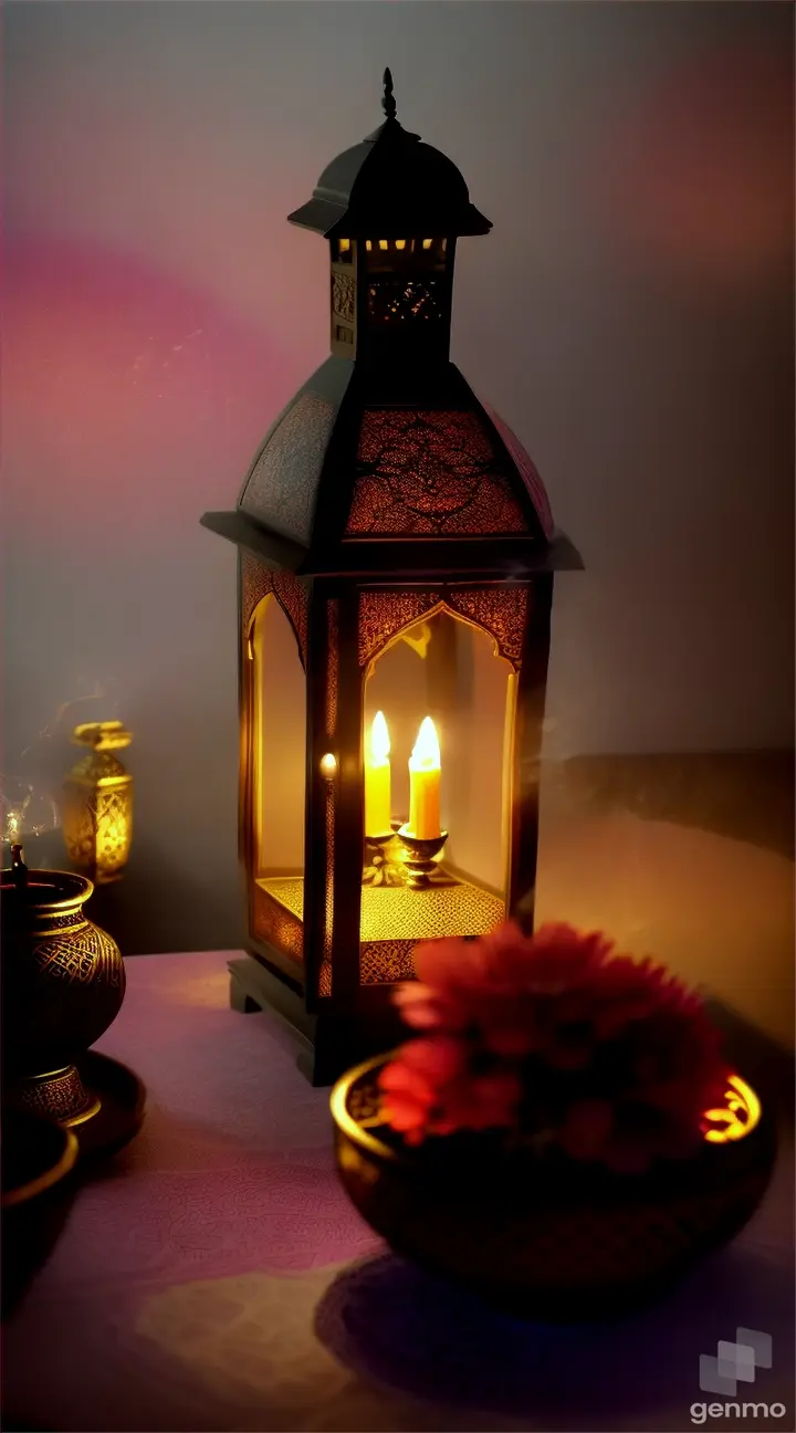 Islamic lantern at an exotic location with dramatic lighting. Surroundings includes candles, flowers, mist, smoke, wine container, roses, sunset, wine glasses, incense and lighting effects.