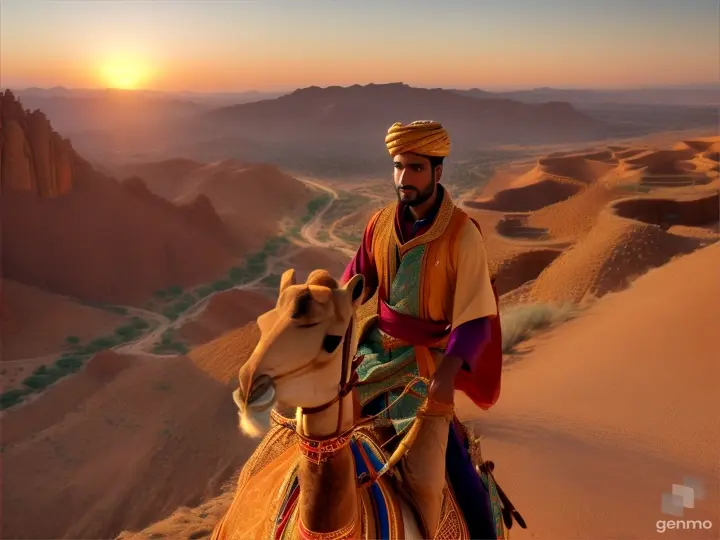 A beautiful muslim man   is riding a camel through a valley