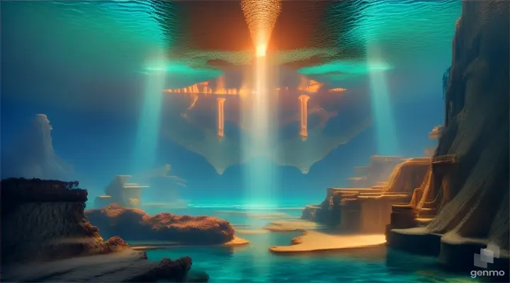 Sunken city discovered under clear blue ocean, beams of light penetrating, digital illustration