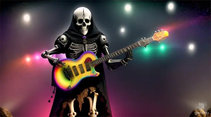 The magic of magic A skeleton in a black soil cloak, glowing from within with different lights, plays rock guitar The skeleton has patches on it and the eyes and mouth glow