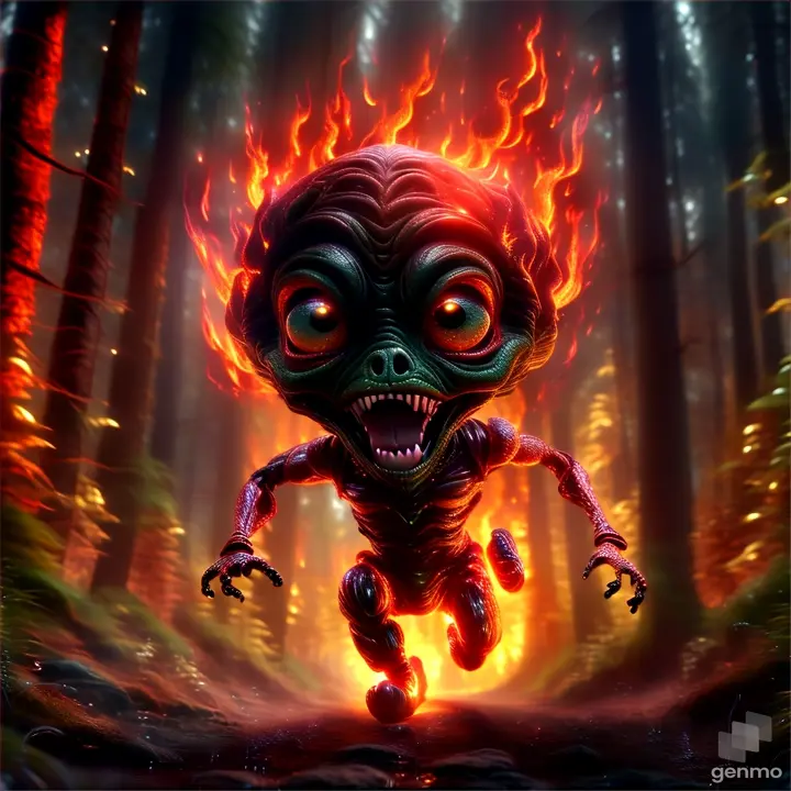 a cartoon character running through a forest filled with fire, make alien run 