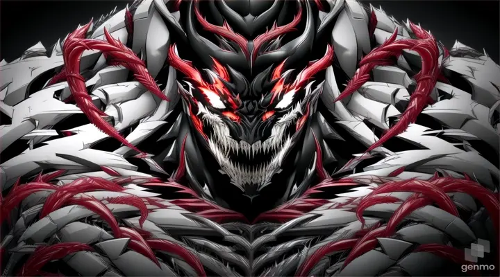 The ominous and muscular figure of 'The Hybrid', a fusion of Carnage and Venom, with razor-sharp tendrils protruding from its body.