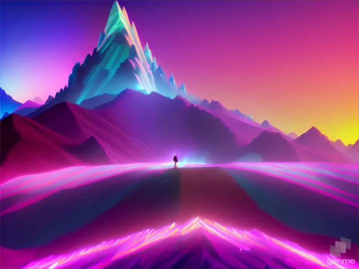 This close-up image showcases a surreal synthwave mountain top, radiating neon hues. The rugged surface, reminiscent of crystalline structures, is bathed in soft pastel lights. There's ample space for ten people to gather comfortably,