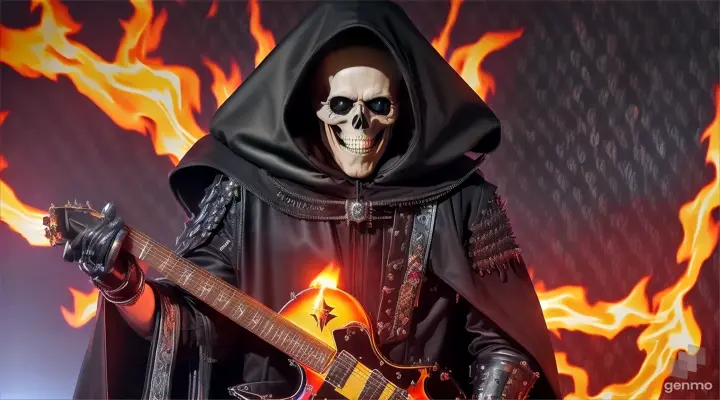 A skeleton in a black leather cloak is engulfed in fire His eyes and mouth glow with colorful lights and he plays the guitar Hard Rock