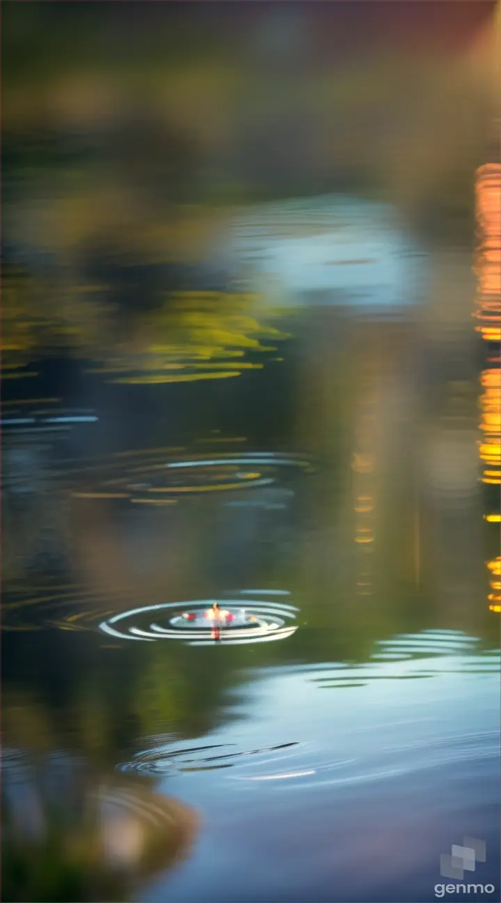 A single raindrop falling onto a still pond, creating ripples that distort the reflection of overhanging branches.