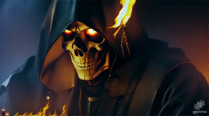 A scary skeleton is burning with fire, covered with a leather cloak and playing a synthesizer.