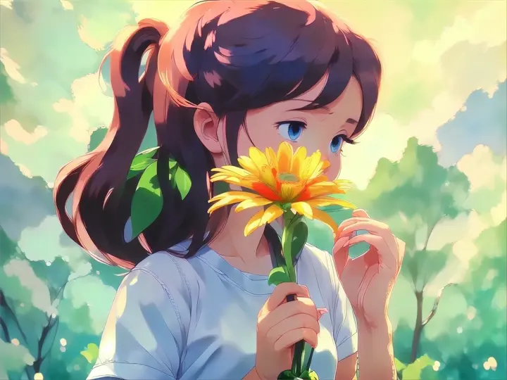 The animated girl is smelling a flower