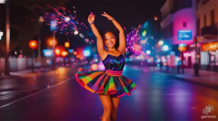 A happy girl dancing in the middle of road at night 