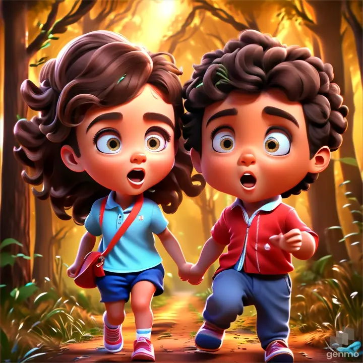 a boy and a girl walking through a forest, moving character 