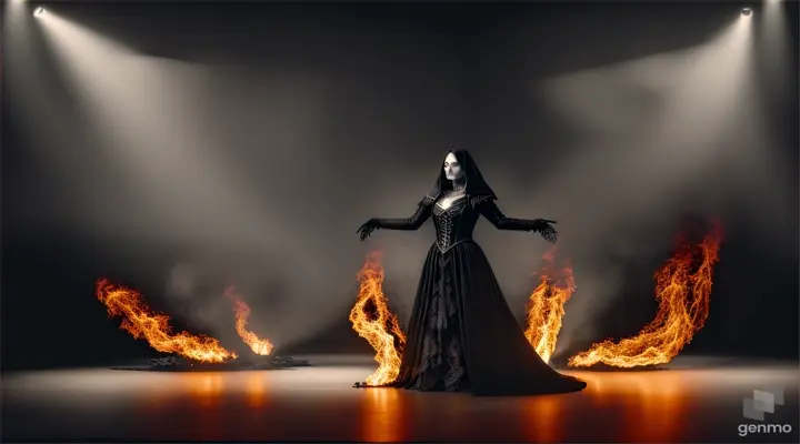 A skeleton girl in a black cloak is engulfed in fire, standing on stage and dancing in a dark scene.