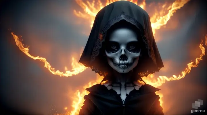 A skeleton girl in a black cloak is engulfed in fire, standing on stage and dancing in a dark scene.