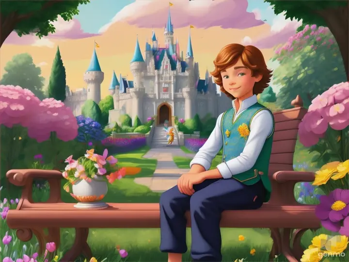 Prince Aiden sitting on a bench in a beautiful castle garden, surrounded by colorful flowers and friendly animals.cartoon illustration