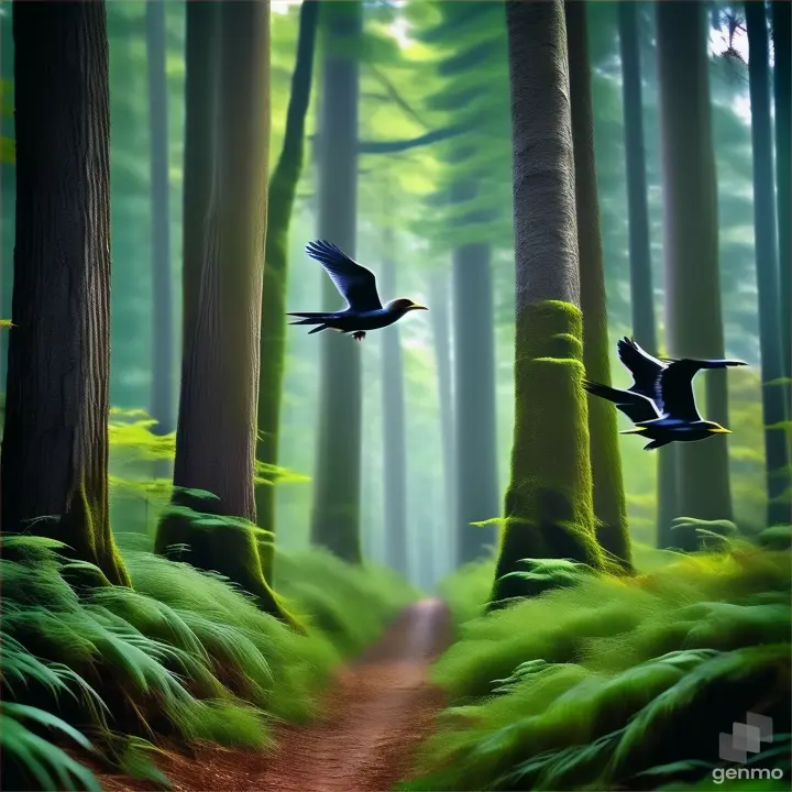 two birds flying in the air over a forest