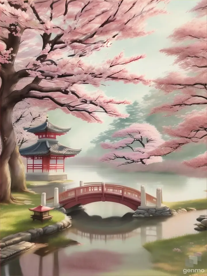 A serene, cherry blossom-lined stream with a small, traditional pavilion in the distance, using traditional ink wash brushstrokes to create a soft, dreamy image1080*2060
