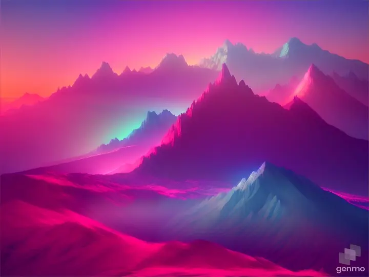 This close-up image showcases a surreal synthwave mountain top, radiating neon hues. The rugged surface, reminiscent of crystalline structures, is bathed in soft pastel lights. There's ample space for ten people to gather comfortably,