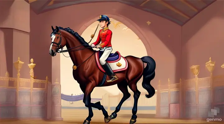 One morning, Prince Aiden observed the magnificent horse, in the royal stable. The horse was tirelessly practicing jumps, but it kept stumbling and falling. Instead of giving up, the horse would rise again, determined to perfect each jump. The prince was inspired by the horse's persistence.cartoon illustration