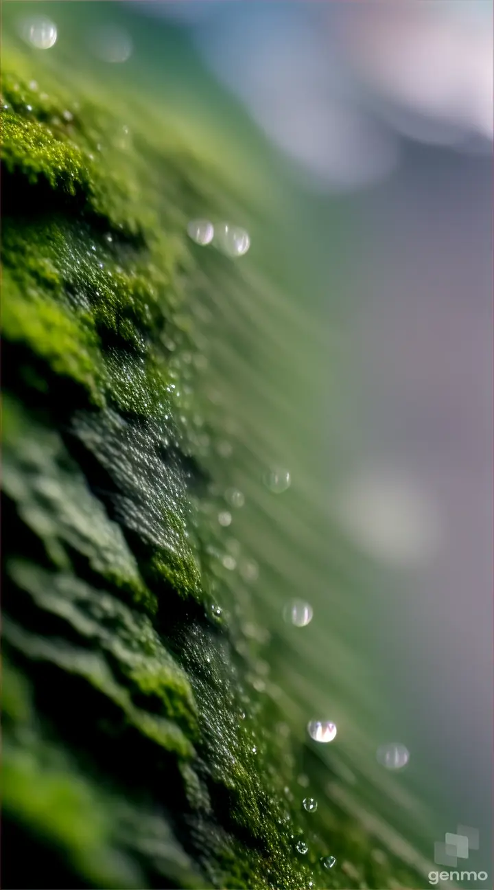 Close-up of raindrops falling onto a bed of moss, creating tiny splashes of water.
